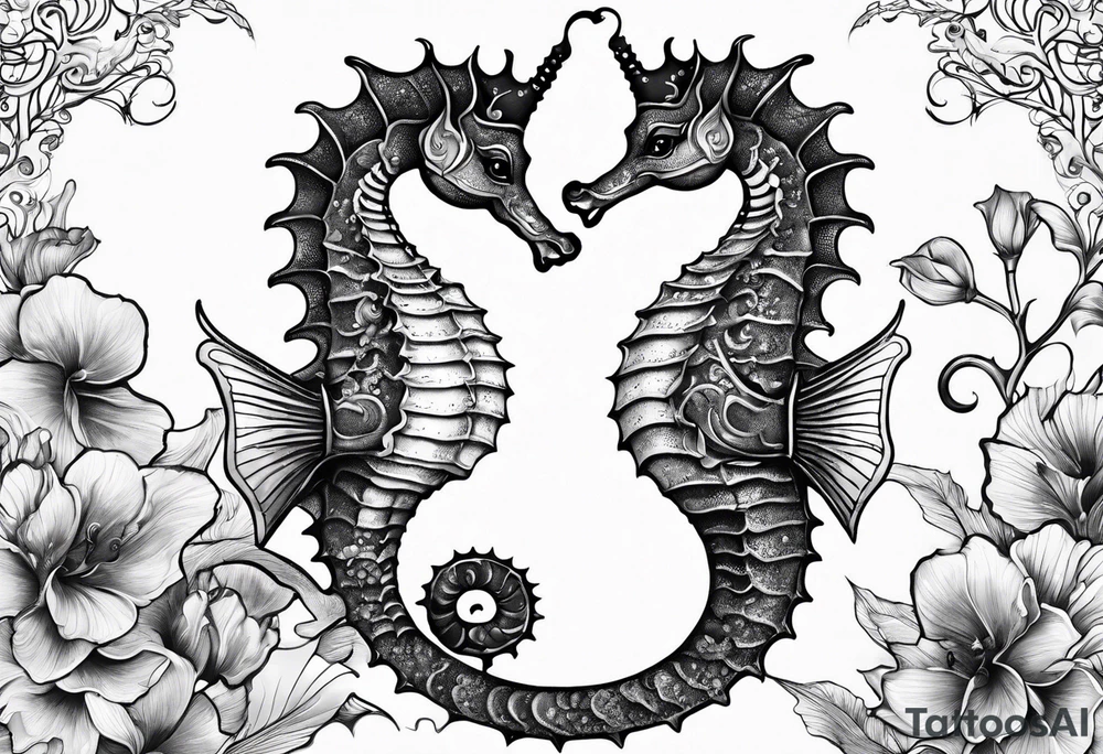 seahorse on white background, black and white tattoo idea