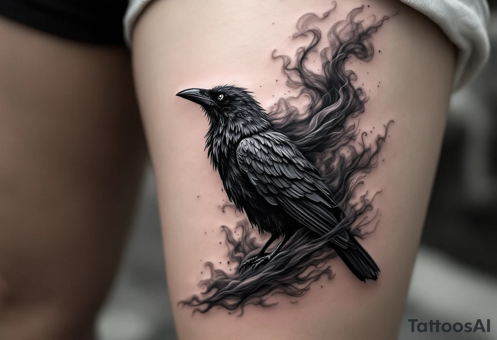 Crow Emerging from Smoke – A crow taking form out of swirling black and gray smoke. Textured shading with light white highlights. tattoo idea