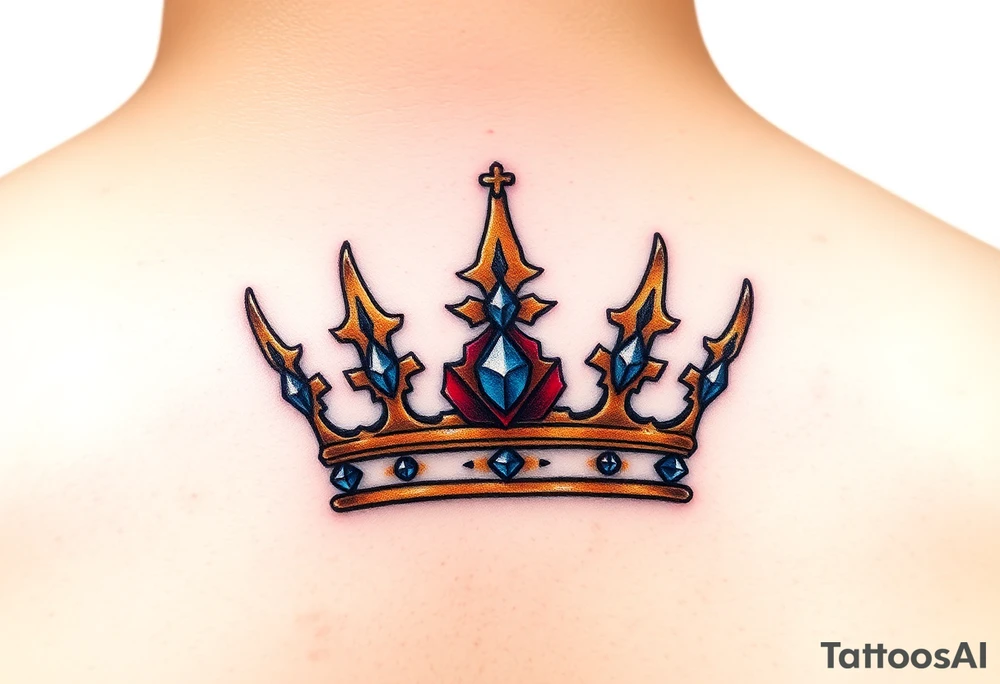 A regal gold crown tattoo adorned with deep red velvet lining, shimmering sapphire-blue gemstones, and subtle black shadowing underneath to give it a bold, three-dimensional look. tattoo idea