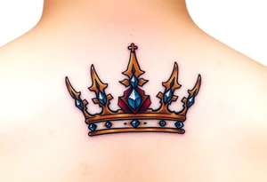 A regal gold crown tattoo adorned with deep red velvet lining, shimmering sapphire-blue gemstones, and subtle black shadowing underneath to give it a bold, three-dimensional look. tattoo idea