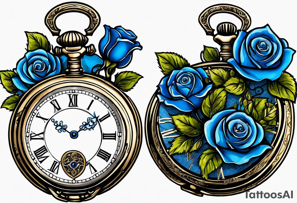 Pocket watch with blue roses tattoo idea