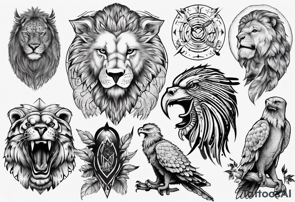 Adler und Löwe je halbseitig zusammengefügt tattoo idea