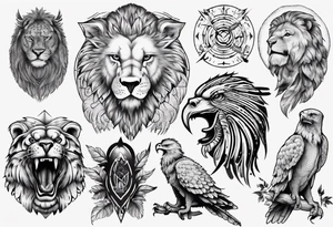 Adler und Löwe je halbseitig zusammengefügt tattoo idea