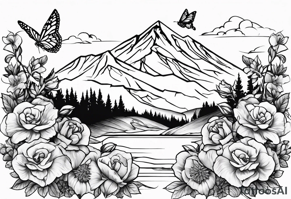 Rocky mountain peak with mountain blue birds and monarch butterflies with wild prairie roses for a half sleeve tattoo idea