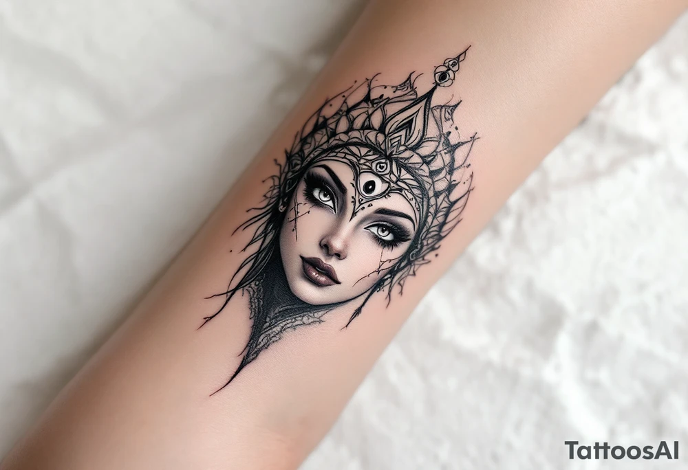 beautiful woman dmt deity eyes white and 3rd eye open with mandala fully behind head tattoo idea
