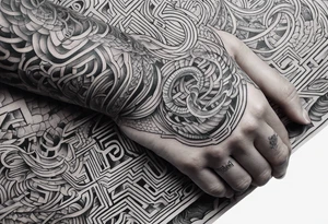 A three deminsional maze tattoo covering the arm in a sleeve with a snake wrapping around the arm biting the hand tattoo idea