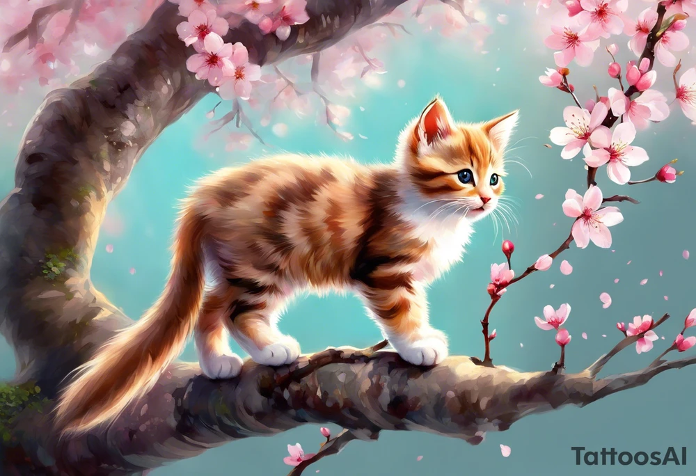Generate a design to tatto on my biceps where a graceful pink cherry blossom tree extends vertically, occupying the full height of 15cm, with delicate blossoms scattered along its slender branches coloured with a watercolor effect. Nestled among the branches, a small, playful kitten is perched, gazing curiously outward. The kitten's fur can have intricate details, highlighting its softness and playfulness. Surrounding the kitten and the tree, some petals could be gently falling, adding a dynamic and serene feel to the design. This vertical composition would elegantly fit your biceps, creating a charming and feminine piece of art. tattoo idea