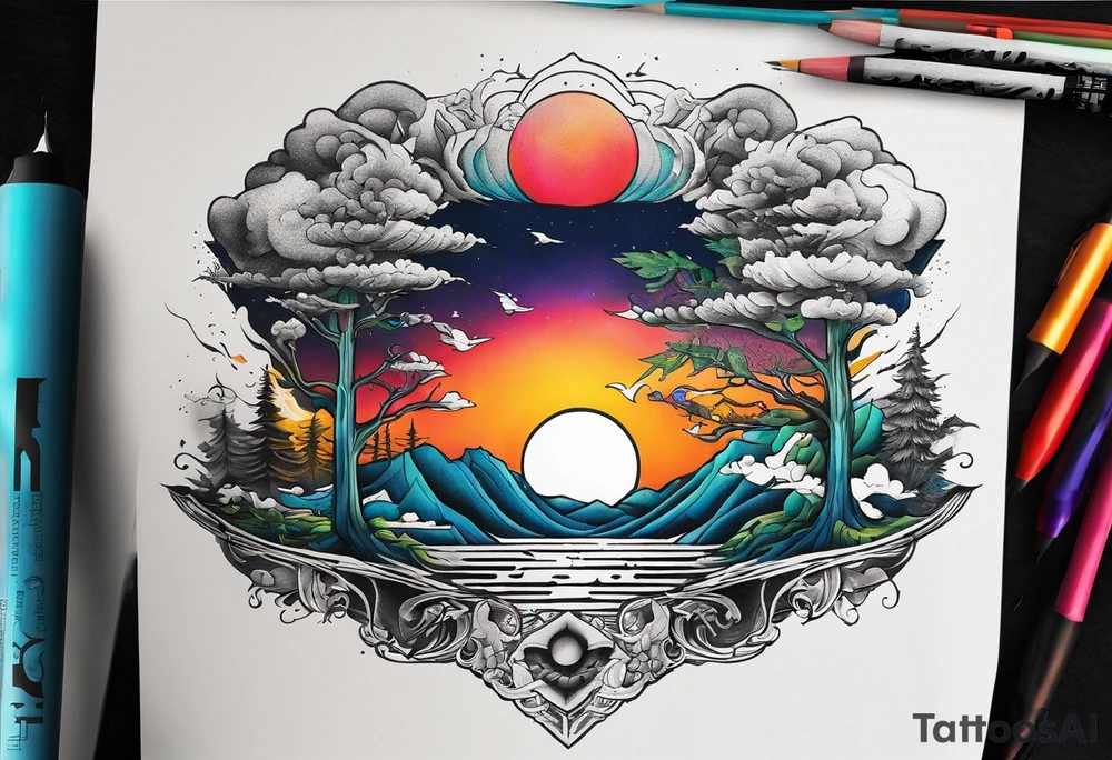 Landscape front upper neck tattoo that's appear to be ejecting from the skin, symbolizing the freedom from censorship. tattoo idea