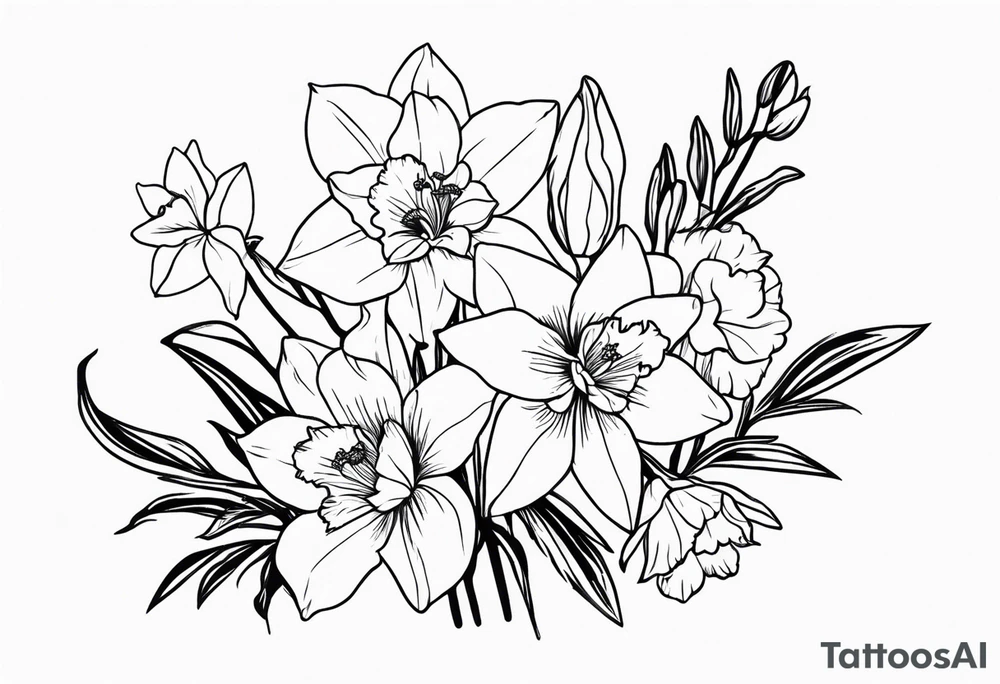 Larkspur flower and narcissus flower bouquet tattoo idea