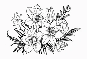Larkspur flower and narcissus flower bouquet tattoo idea