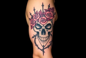 ornate skull adorned with crown of wild roses and thorns tattoo idea
