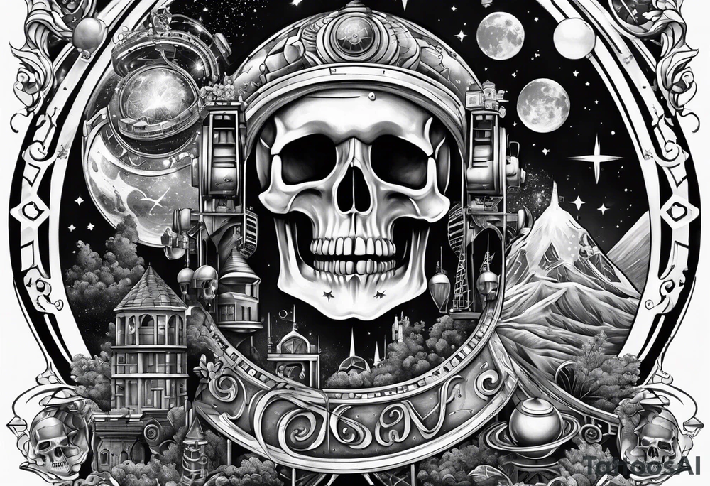 half sleeve tattoo including chemistry, skulls, roller coaster track, space and stars tattoo idea