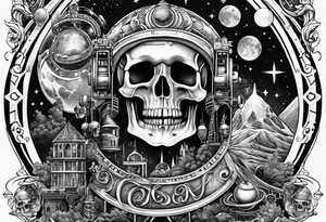 half sleeve tattoo including chemistry, skulls, roller coaster track, space and stars tattoo idea