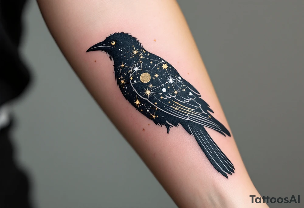 Celestial Crow – A black crow filled with tiny constellations and stars inside its body. Stylized with dark navy, gold, and white ink for a cosmic feel. tattoo idea