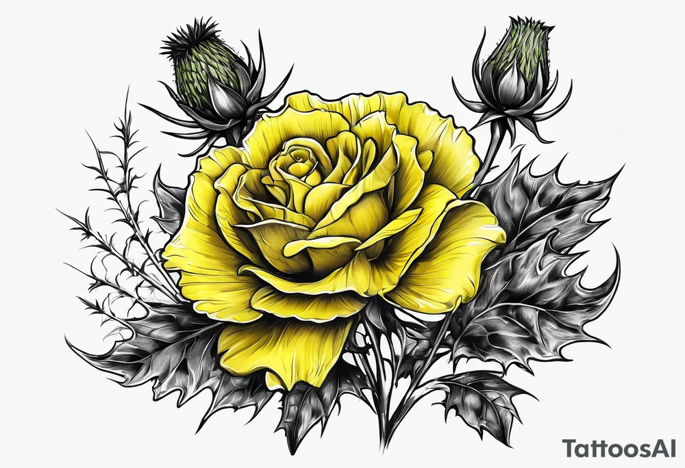 A thistle and a yellow rose and a shamrock whose stems spell KND tattoo idea