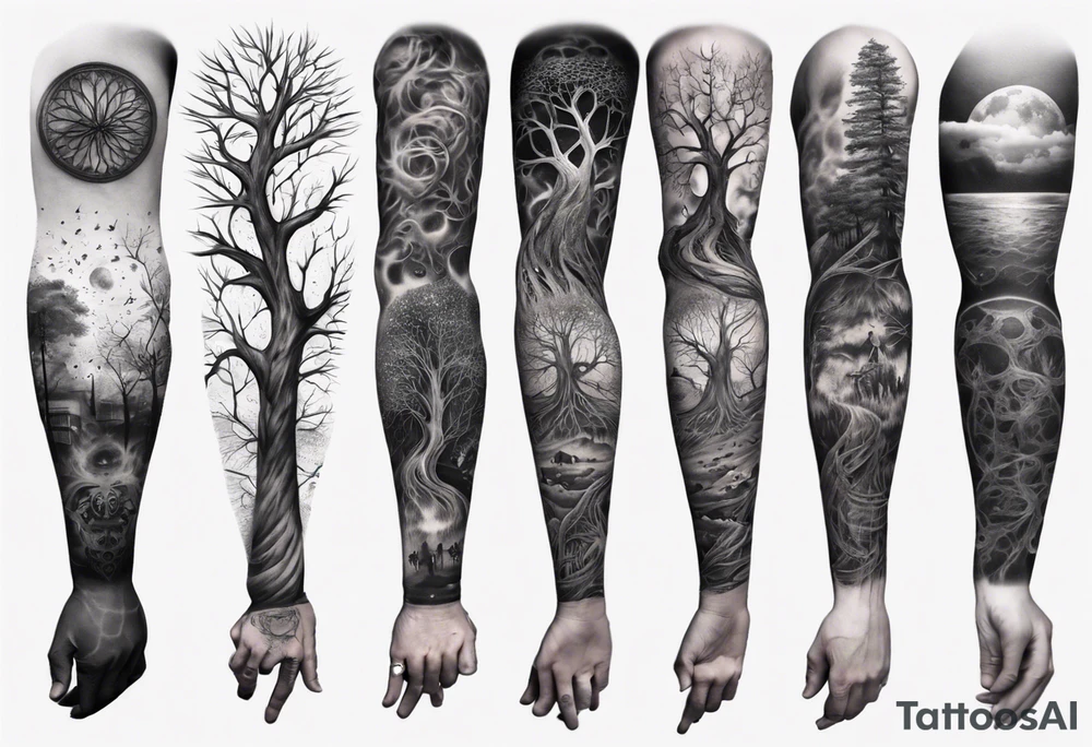 full arm sleeve tattoo... DNA, science, guitar, piano, music. tree of life, focus, masculine tattoo idea