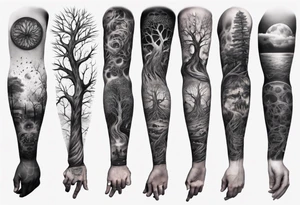 full arm sleeve tattoo... DNA, science, guitar, piano, music. tree of life, focus, masculine tattoo idea