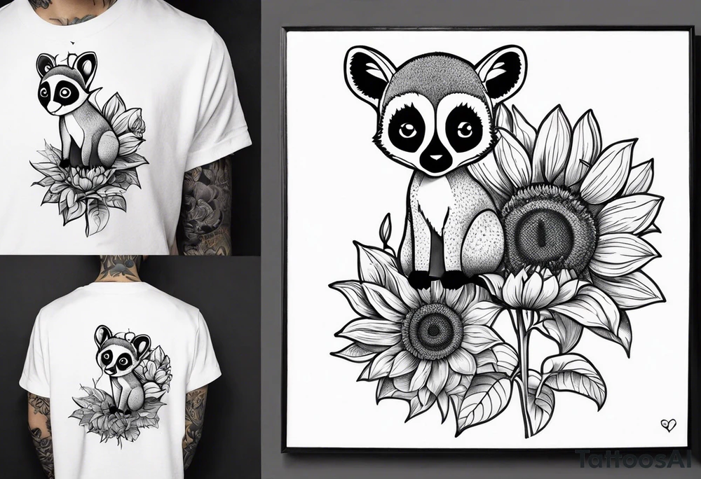 A lemur holding a sunflower with a bee circling tattoo idea A lemur holding a sunflower with a bee circling tattoo idea