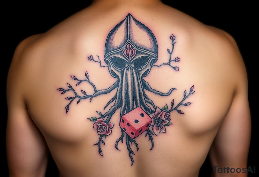 squid knight helmet combined with tree roots, cherry blossoms and roses rolling dice tattoo idea