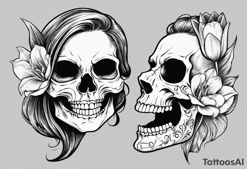 female skull with long hair, friendly smile, from side, tulip steem between teeths tattoo idea female skull with long hair, friendly smile, from side, tulip steem between teeths tattoo idea