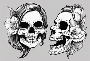 female skull with long hair, friendly smile, from side, tulip steem between teeths tattoo idea