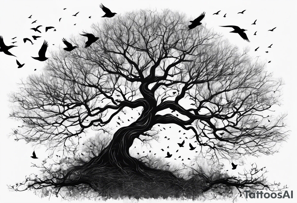 Leafless tree with a mix of birds and black birds flying by it tattoo idea