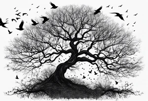 Leafless tree with a mix of birds and black birds flying by it tattoo idea