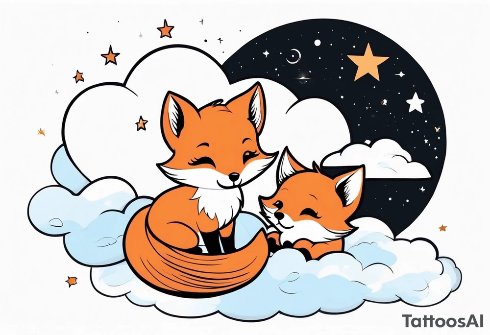 little girl with a fox sit side by side on a cloud and look at the stars tattoo idea