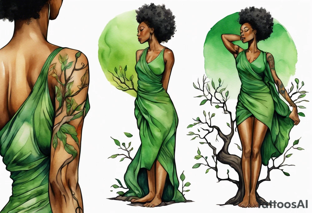 a tree trunk with roots that is a beautiful black woman from the waist up, arms reaching up to the sun, wearing a green tunic tattoo idea