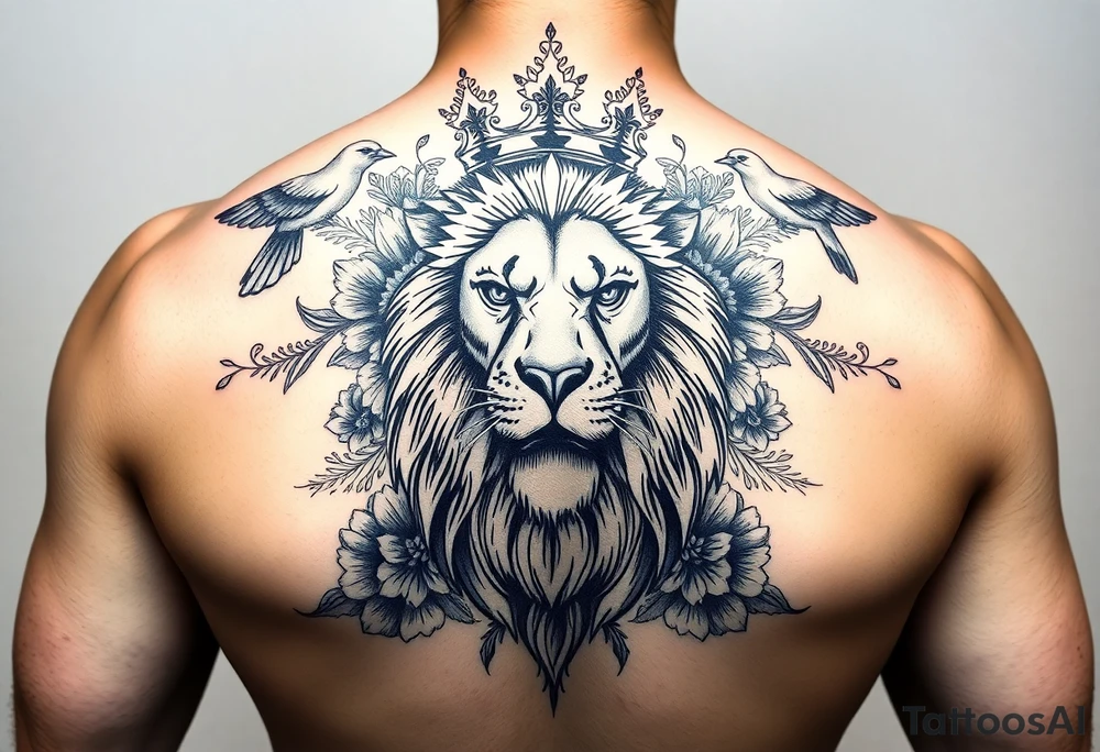 powerful majestic lion with a crown, surrounded by floral ornaments and birds tattoo idea