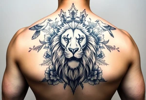 powerful majestic lion with a crown, surrounded by floral ornaments and birds tattoo idea