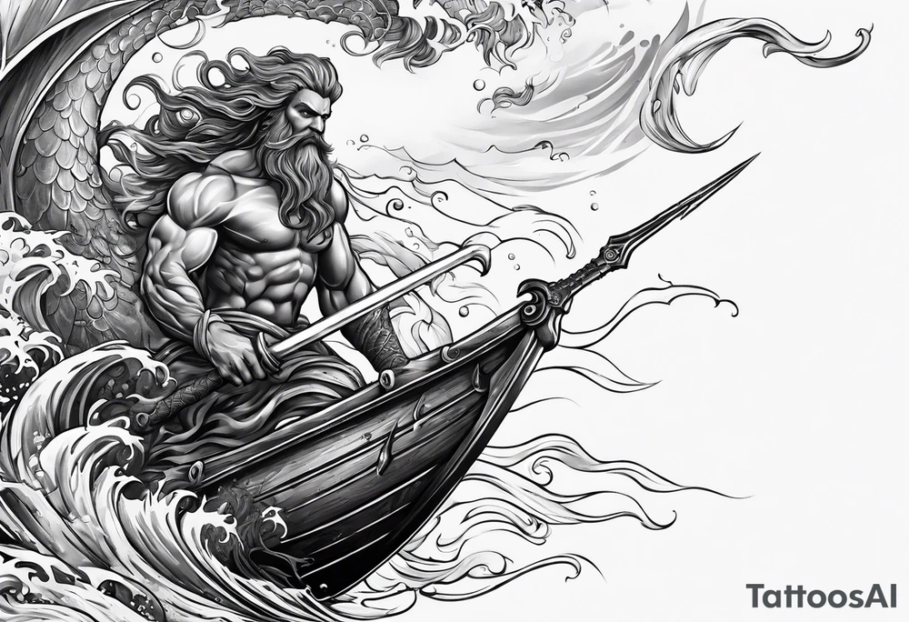 Kraken wrapping Poseidon thrusting trident stormy sea tattoo idea