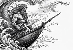 Kraken wrapping Poseidon thrusting trident stormy sea tattoo idea