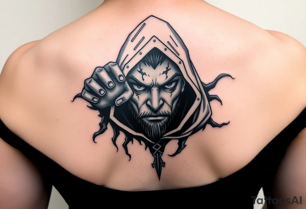 create me a sauske tattoo from where he is holding his eye and rinnegon in his other but he has both eyes and his cloak like usually and provide more detail and this will be a shoulder tattoo tattoo idea