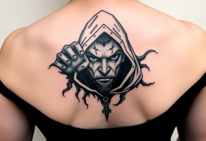 create me a sauske tattoo from where he is holding his eye and rinnegon in his other but he has both eyes and his cloak like usually and provide more detail and this will be a shoulder tattoo tattoo idea