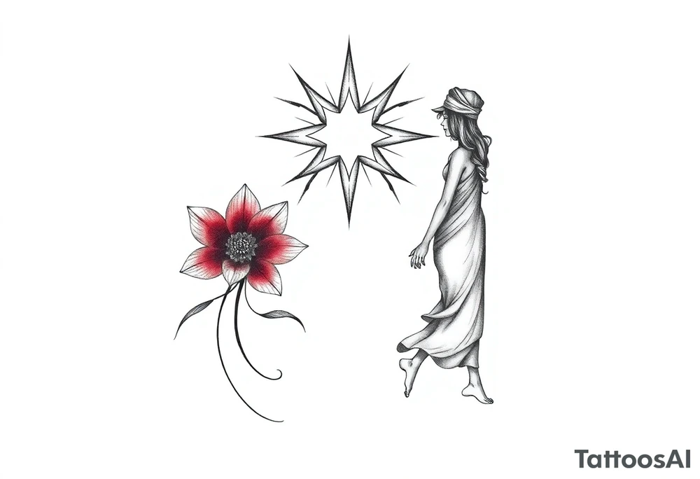 A highly artistic tattoo design with a central focus on a radiant star, symbolizing guidance and empowerment. Below the star, a deep crimson arghaman flower (scarlet flower) blooms gracefully, representing beauty and resilience. To the side, a free-spirited woman walks barefoot, embodying feminine strength and absolute freedom. The composition should evoke a sense of empowerment and liberation, with flowing lines and a dreamy, poetic atmosphere. The style should be artistic rather than hyper-realistic, with fine details, elegant line work, and a slightly abstract touch. The overall aesthetic should feel timeless, expressive, and deeply meaningful, capturing the essence of feminine power and freedom. tattoo idea