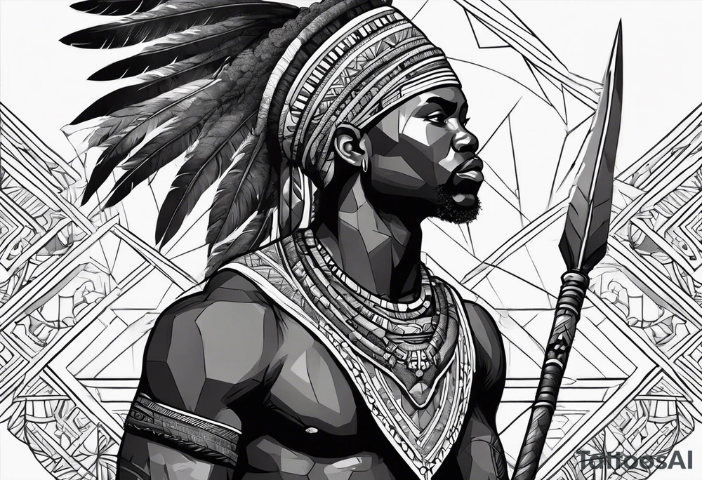 African warrior with tribe scars holding a spear with animals in the background tattoo idea