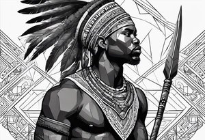 African warrior with tribe scars holding a spear with animals in the background tattoo idea