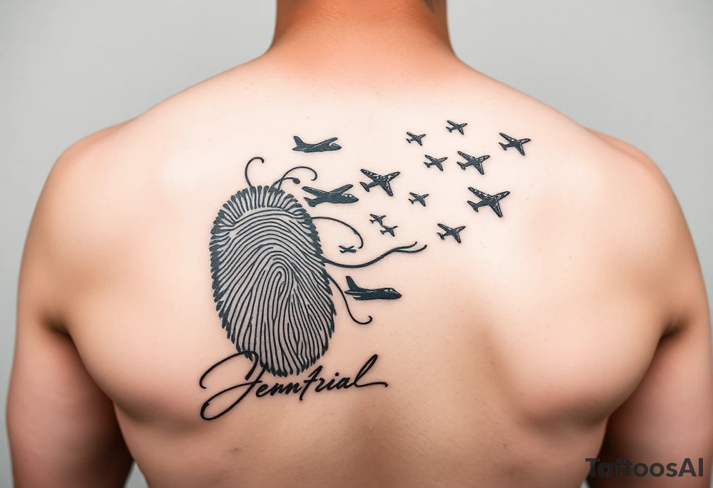 Memorial tattoo using line drawing style in black with shading. The design should flow up from his signature on the bottom, shading into fingerprints and the melting into small planes flying away to the top right. This will go on the left shoulder. tattoo idea