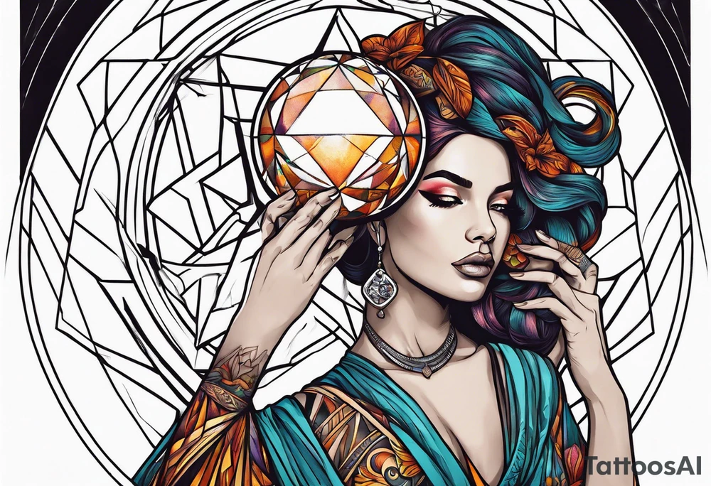 Woman , hands over head , holding orb of life tattoo idea