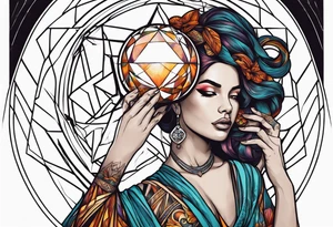 Woman , hands over head , holding orb of life tattoo idea