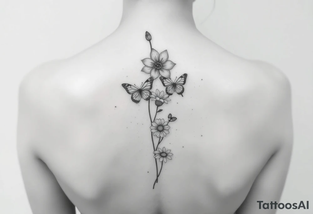 Water lily, honeysuckle, narcissus, violet and a daisy on top of vertical line

Small butterflies tattoo idea