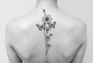 Water lily, honeysuckle, narcissus, violet and a daisy on top of vertical line

Small butterflies tattoo idea