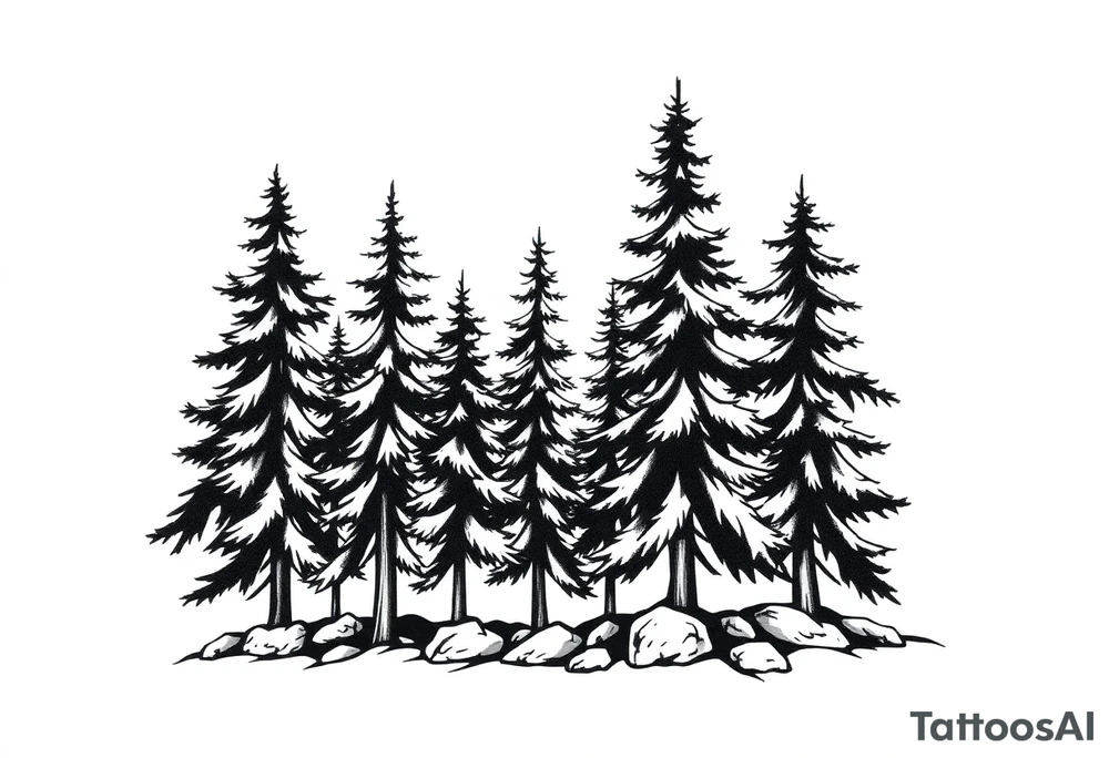 Coniferous forest trees in blackvand gray tattoo sleeve tattoo idea