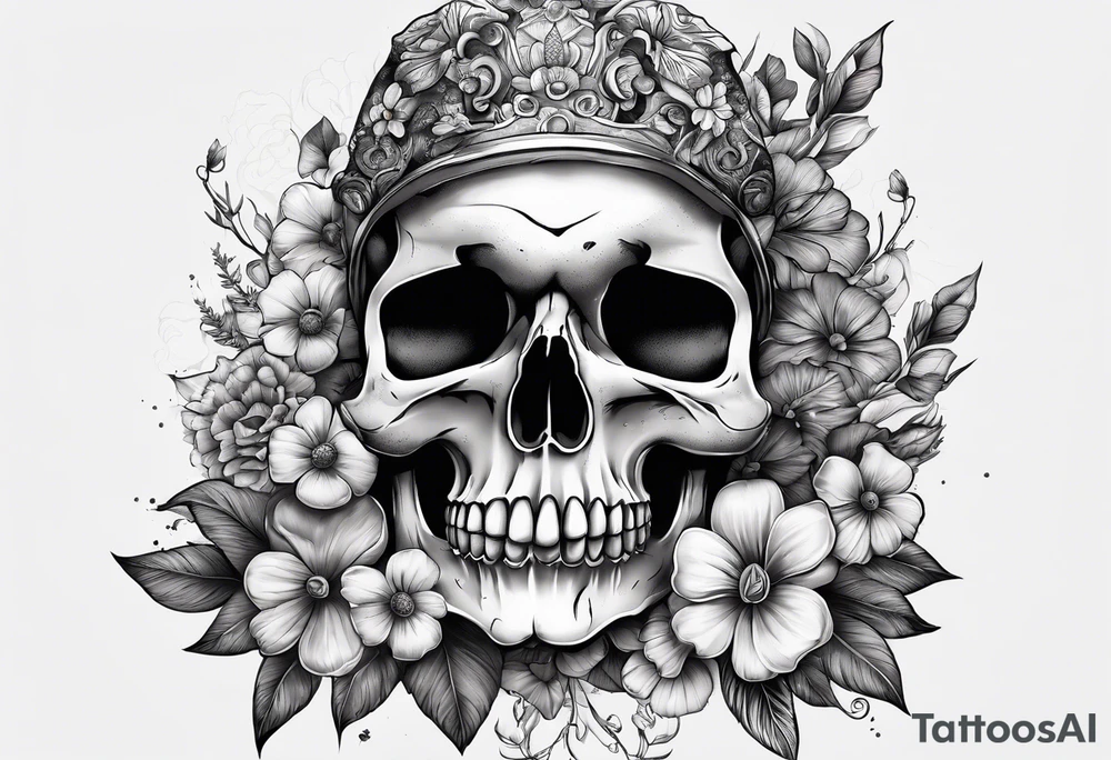 A skull covered in mushrooms and flowers tattoo idea