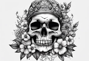 A skull covered in mushrooms and flowers tattoo idea