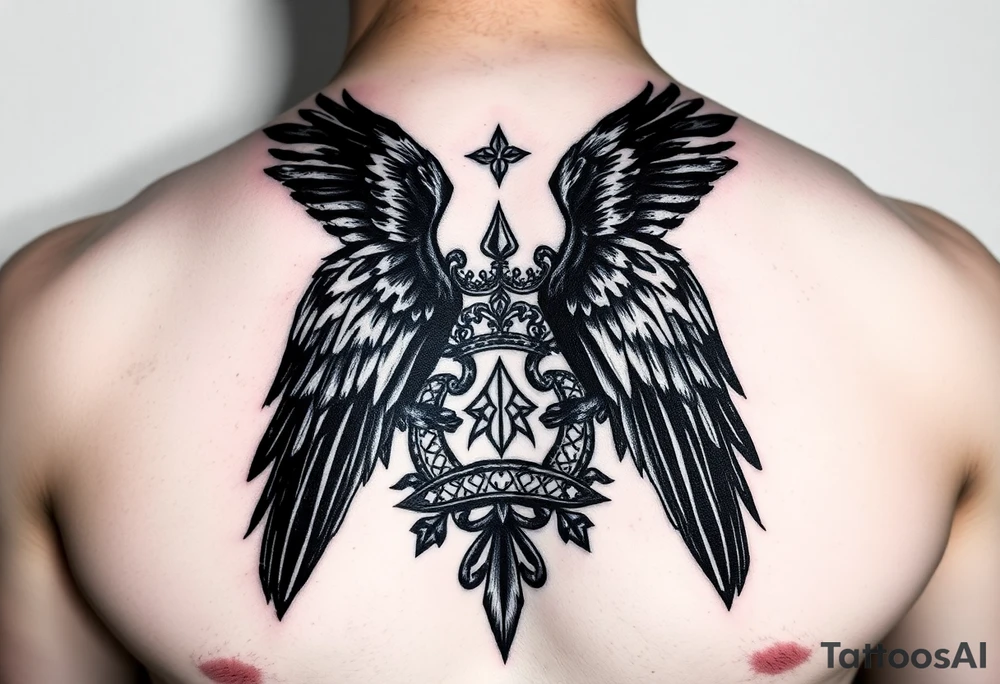 Chest tattoo, two ravens and icelandic symbols, dark brest tattoo, crown betwen ravens tattoo idea