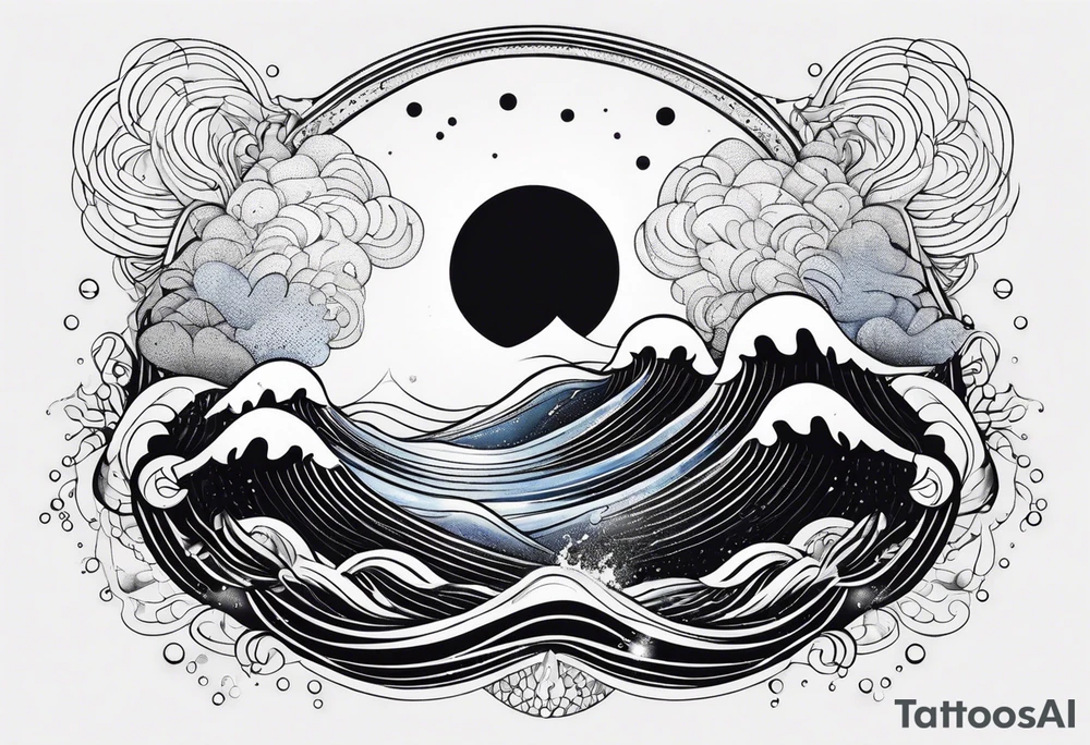 Water element, with half a sun, and water dots , long shape tattoo idea