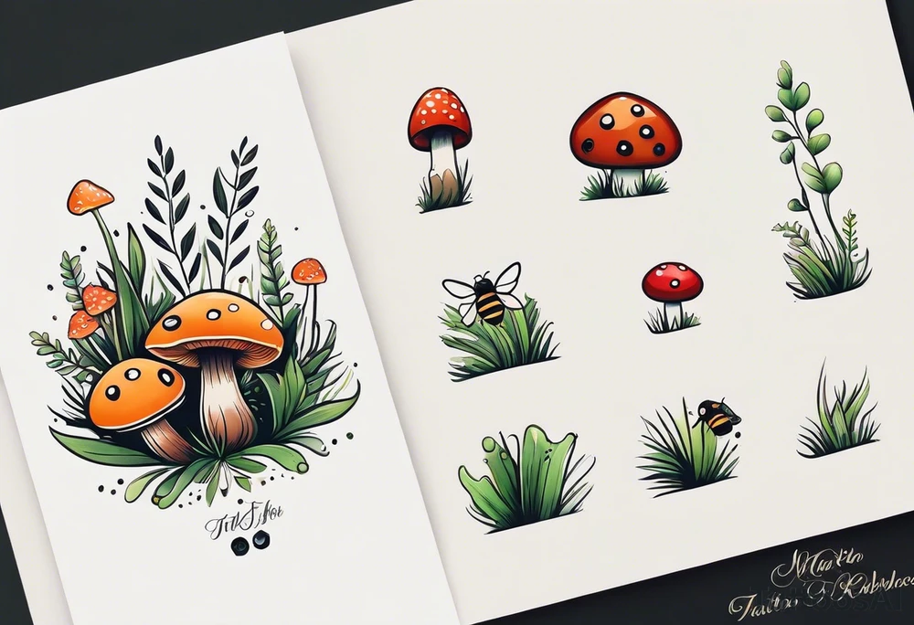 minimalistic forest floor inspired tattoo, which includes grass, moss, curly ferns and dead leaves as the bulk of the tattoo. details to include: forest berries, couple of very small brown mushrooms, a tiny bumblebee flying nearby tattoo idea