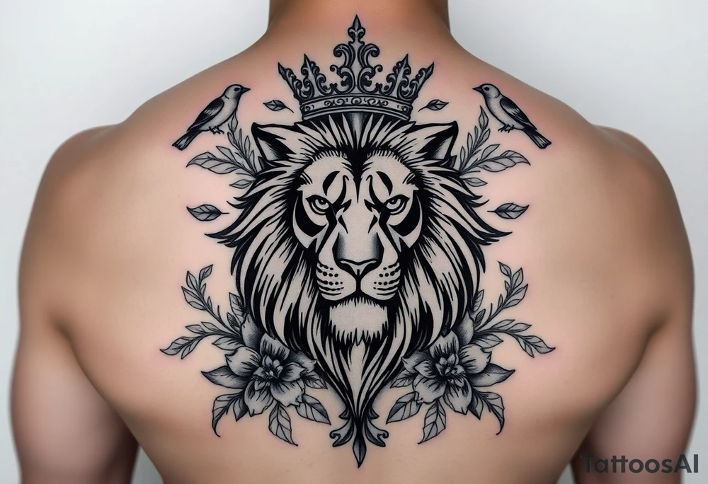 powerful majestic lion with a crown, surrounded by floral ornaments and birds tattoo idea